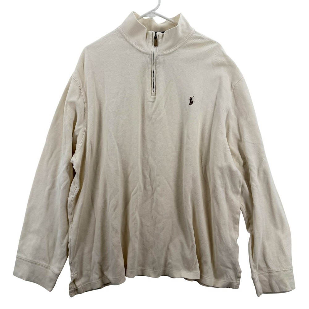 Polo Ralph Lauren Sweater Mens 2XL Cream‎ Preppy Rib Quarter Zip Pullover Knit